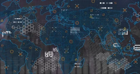 Animation of world map over data process... | Stock Video | Pond5