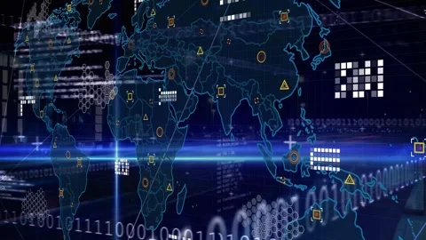Animation of world map over data processing and light trails on black background Stock Footage 329496865