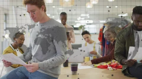 Animation of world map over diverse business people Vídeo Stock 316407617