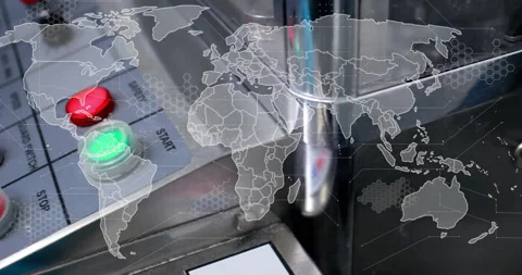 Animation of world map over hand pushing buttons Stock Footage 309267370