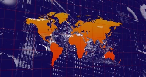 Animation of world map over interface with data processing against blue Stock Footage 329710764