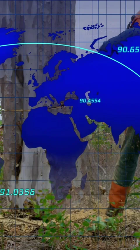 Animation of world map over lumberjack Stock Footage 342915072