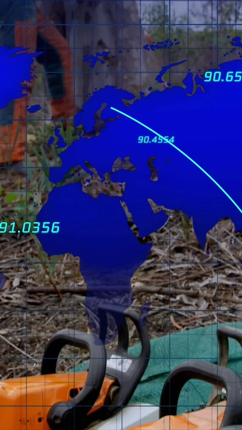 Animation of world map over lumberjack Stock Footage 342996413