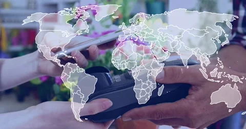 Animation of world map over mid section of woman making a payment through his Stock Footage 328506625