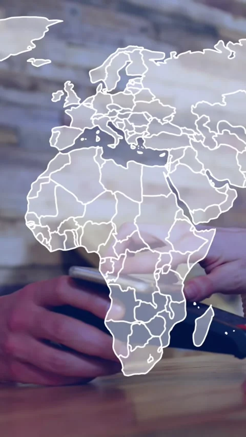 Animation of world map over mid section of man making a payment through his Stock Footage 342599650
