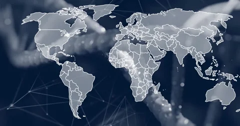 Animation of world map overlay with network connections and abstract elements Stock Footage 303588816