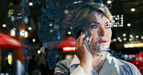 Animation of world map processing data over happy caucasian woman using phone in Stock Footage 329709050