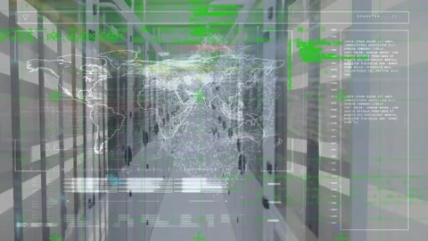 Animation of world map with programming language over computer server room Stock Footage 329857798