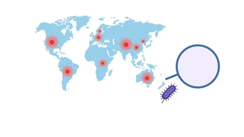 Animation of world map with red dots showing global spread of bacteria unde.. Stock Footage 348295897