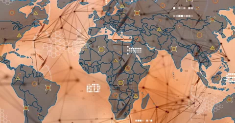 Animation of world map showing network connections and data processing elements Stock Footage 303588398