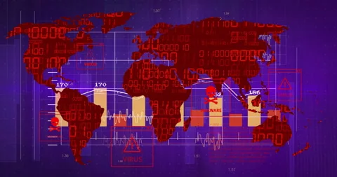Animation of world map with virus data and binary code in red and blue Stock Footage 305058711