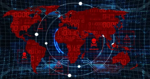 Animation of world map with virus warnings over digital binary code background Stock Footage 305058830