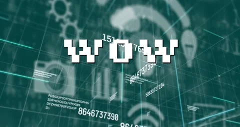 Animation of wow text over data processing and digital icons on black background Stockbeeldmateriaal 158697255