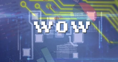 Animation of wow text over data processing and computer circuit board Stock Footage 327843944