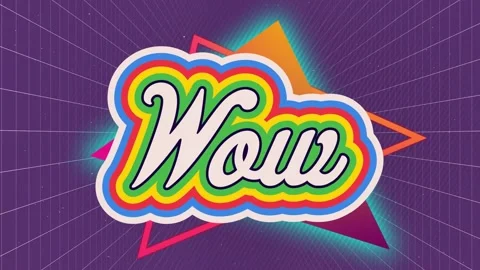 Animation of wow text with rainbow colours and multiple abstract shapes Stock Footage