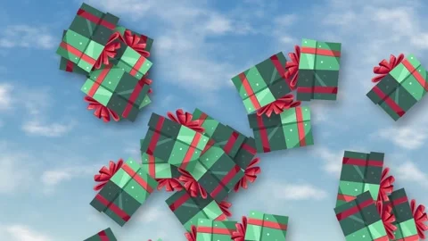 Animation of Wrapped Christmas Gift Boxes Falling Against Blue Sky Stock Footage 345707686