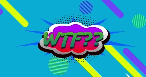 Animation of wtf text on retro speech bubble over abstract shapes on blue Stock Footage 327848249