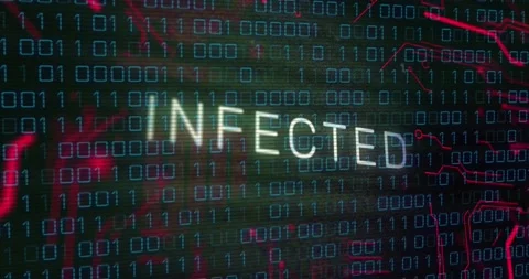 Animation of x mark over infected text, circuit board pattern, binary codes Stock Footage 221291239