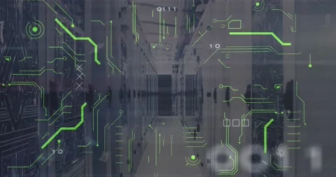 Animation of x symbol with binary codes over circuit board pattern on server Stock Footage 247124013