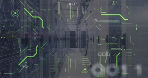 Animation of x symbol with binary codes and circuit board patterns over server Stock Footage 247261437