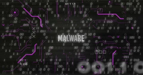 Animation of x symbol on malware text with circuit board pattern against binary Stock Footage 327644843