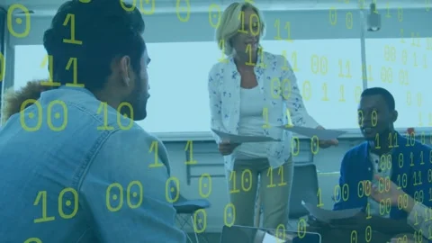 Animation of yellow binary codes, diverse coworkers discussing and distributing Stock Footage 253467827