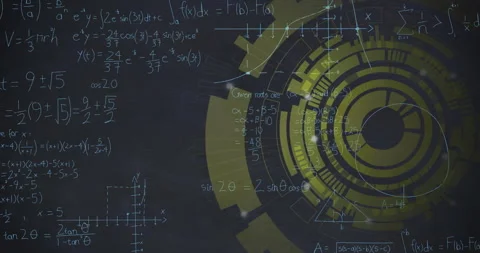 Animation of yellow circular scanner processing over mathematical equations on Stock Footage 268069606