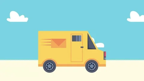 Animation of yellow delivery van driving on road under blue sky with clouds. Vídeo Stock 338425450