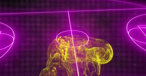 Animation of yellow digital wave over neon purple soccer field layout against Stock Footage 254576065