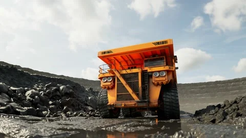Animation of yellow dump trucks going one by one through the quarry. Render 4K Stock Footage 133385672