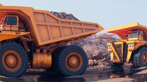 Animation of yellow dump trucks going one by one. Dumpers carrying a heavy load. Stock Footage 139717991