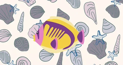 Animation of yellow fish over starfish falling over seashell background, on Stock Footage 156585851