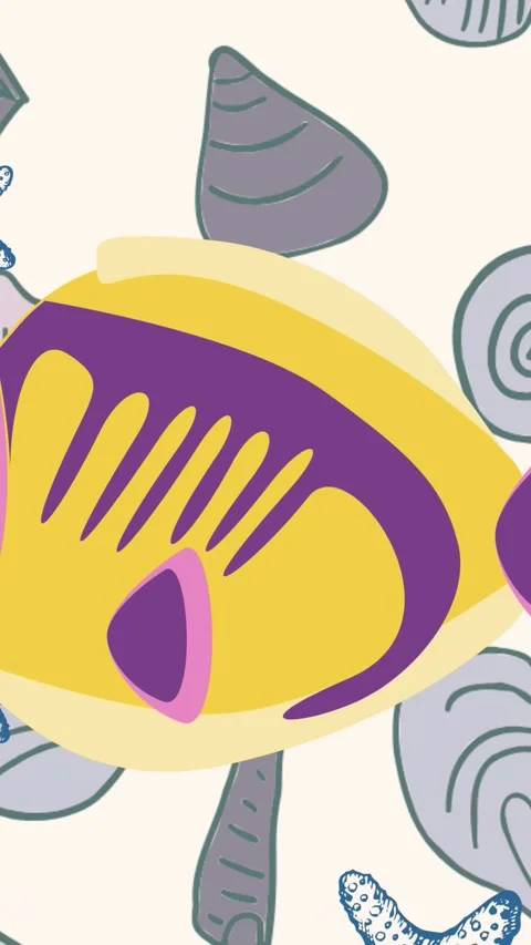 Animation of yellow fish over starfish falling over seashell background, on Stock Footage 342601594