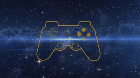 Animation of yellow game controller over moving particles, stars and cloudscape Stock Footage 325770937