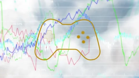 Animation of yellow game controller over multicolored graphs against abstract Stock Footage 329919850