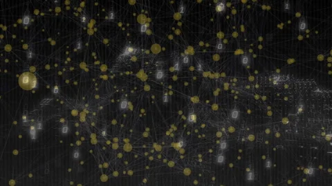 Animation of yellow nodes and binary code creating network on dark background Stock Footage 304088380
