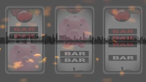 Animation of yellow particles moving over casino slot machine against view of Stock Footage 329708929