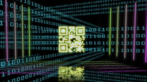 Animation of yellow qr code and neon lights over binary data processing on black Stock Footage 202885706
