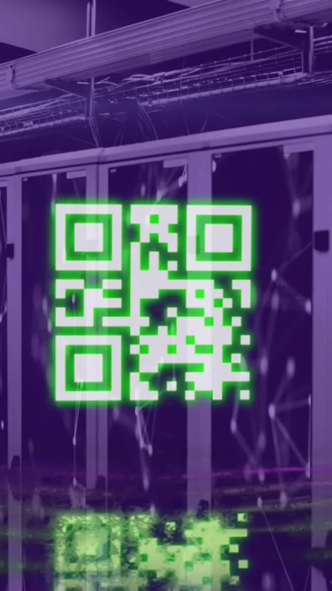 Animation of yellow qr code and neon lights over networks and computer server Stock Footage 343615308