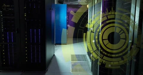Animation of yellow round scanner spinning against computer server room Stock Footage 329569021