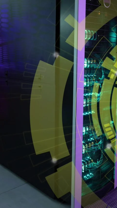 Animation of yellow round scanner spinning against computer server room Stock Footage 344636532