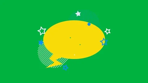 Animation of yellow speech bubble icon with blue circles and stars on white Stock Footage 325366674