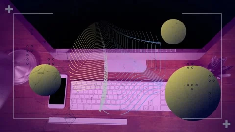 Animation of yellow spheres, parallel lines and processing data over computer on Stock Footage 165162122