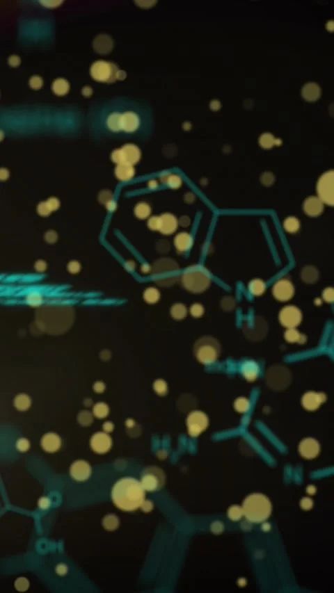 Animation of yellow spots floating over chemical structures and data processing Stock Footage 343954853