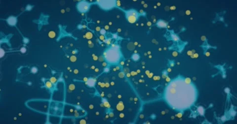 Animation of yellow spots of light over molecular structures floating against Stock Footage 330341843