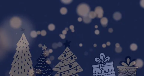 Animation of yellow spots over multiple christmas trees and gift icons against Stock Footage 329926356