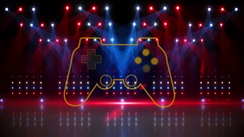 Animation of yellow video game controller over multicolored spotlights and Stock Footage 329413461