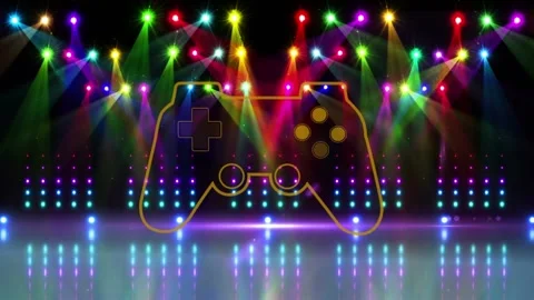 Animation of yellow video game controller over multicolored illuminated Stock Footage 329706745