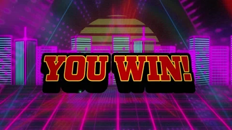 Animation of you win and explosion over metaverse city and lights Stock Footage 328410700