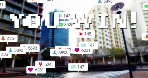 Animation of you win text and numbers growing over cityscape Stock Footage 168426576